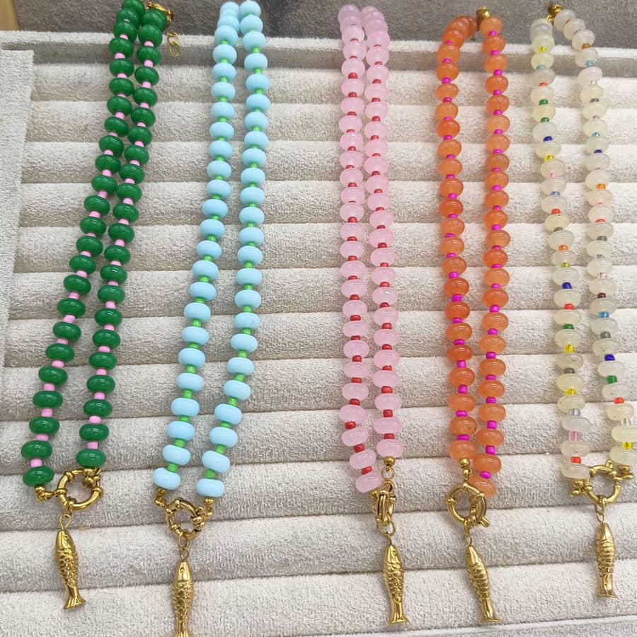 Multicolor Abacus Natural Stone Beaded Necklace, Waterproof Stainless Steel Gold Fish Pendant - main