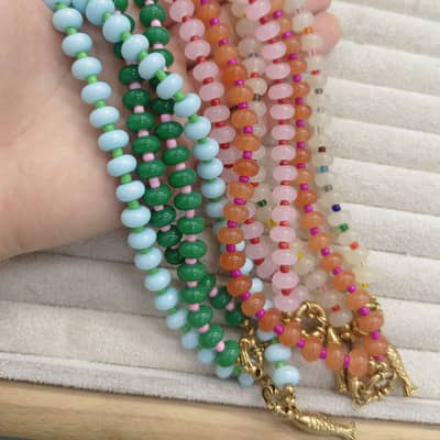Multicolor Abacus Natural Stone Beaded Necklace, Waterproof Stainless Steel Gold Fish Pendant detail 3