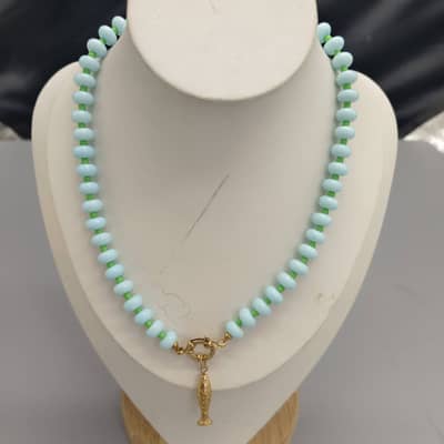 Multicolor Abacus Natural Stone Beaded Necklace, Waterproof Stainless Steel Gold Fish Pendant detail 6