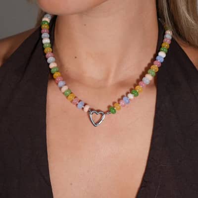 Rainbow Abacus Natural Stone Beaded Necklace, Waterproof Stainless Steel Heart Spring Ring Clasp detail 1