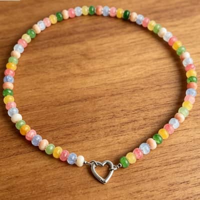 Rainbow Abacus Natural Stone Beaded Necklace, Waterproof Stainless Steel Heart Spring Ring Clasp detail 3
