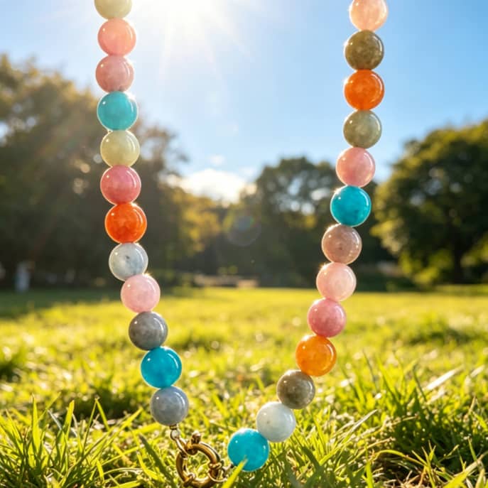 Multicolor Round Natural Stone Beaded Necklace, Waterproof Stainless Steel Spring Ring Clasp - main