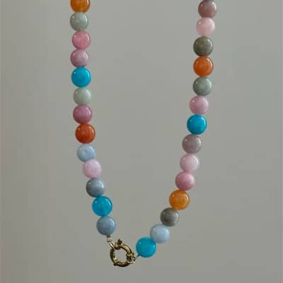 Multicolor Round Natural Stone Beaded Necklace, Waterproof Stainless Steel Spring Ring Clasp detail 2