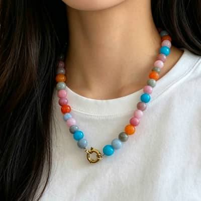 Multicolor Round Natural Stone Beaded Necklace, Waterproof Stainless Steel Spring Ring Clasp detail 3