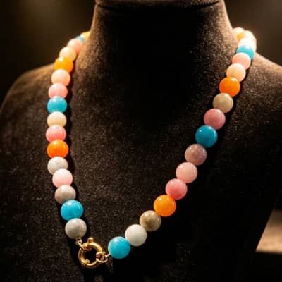 Multicolor Round Natural Stone Beaded Necklace, Waterproof Stainless Steel Spring Ring Clasp detail 4