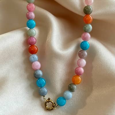 Multicolor Round Natural Stone Beaded Necklace, Waterproof Stainless Steel Spring Ring Clasp detail 5