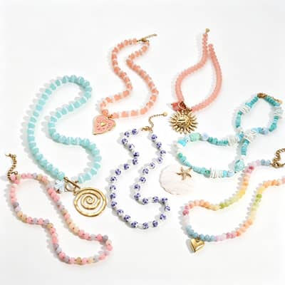 French Vacation Color Natural Stone Beaded Necklace, Waterproof Stainless Steel Pendant Ocean Vacation detail 1