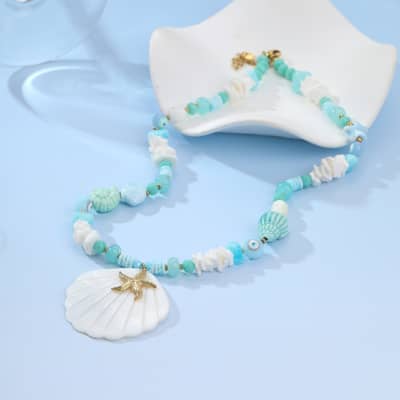 French Vacation Color Natural Stone Beaded Necklace, Waterproof Stainless Steel Pendant Ocean Vacation detail 3
