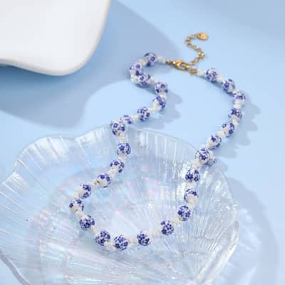 French Vacation Color Natural Stone Beaded Necklace, Waterproof Stainless Steel Pendant Ocean Vacation detail 5