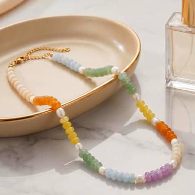 Rainbow Abacus Natural Pearl Beaded Necklace, Waterproof Stainless Steel Stackable detail 1