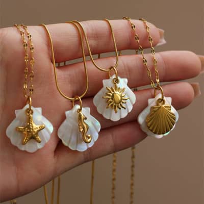 Ocean Beach Waterproof 18K Gold Plated Mother of Pearl Shell Necklace with Starfish Seahorse, Stainless Steel detail 1