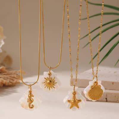 Ocean Beach Waterproof 18K Gold Plated Mother of Pearl Shell Necklace with Starfish Seahorse, Stainless Steel detail 3