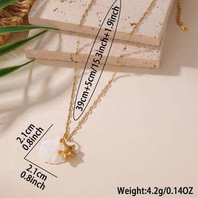 Ocean Beach Waterproof 18K Gold Plated Mother of Pearl Shell Necklace with Starfish Seahorse, Stainless Steel detail 4