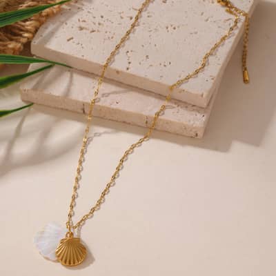 Ocean Beach Waterproof 18K Gold Plated Mother of Pearl Shell Necklace with Starfish Seahorse, Stainless Steel detail 5