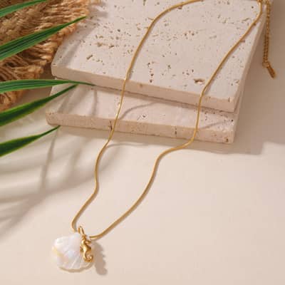 Ocean Beach Waterproof 18K Gold Plated Mother of Pearl Shell Necklace with Starfish Seahorse, Stainless Steel detail 6