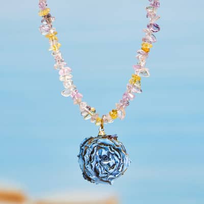 Natural Stone Crystal Chip Beaded Clavicle Chain, Rose Pendant Necklace detail 4