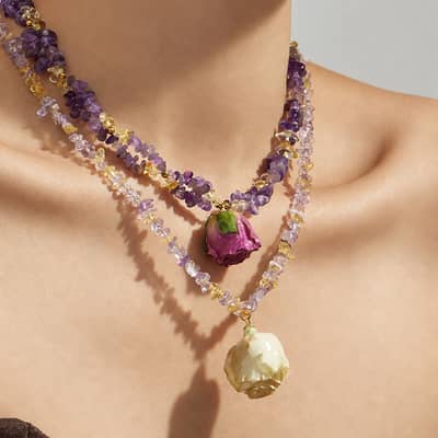 Natural Stone Crystal Chip Beaded Clavicle Chain, Rose Pendant Necklace detail 6