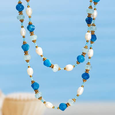 Natural Freshwater Pearl Faceted Aquamarine Beaded Necklace, Waterproof Stainless Steel detail 1
