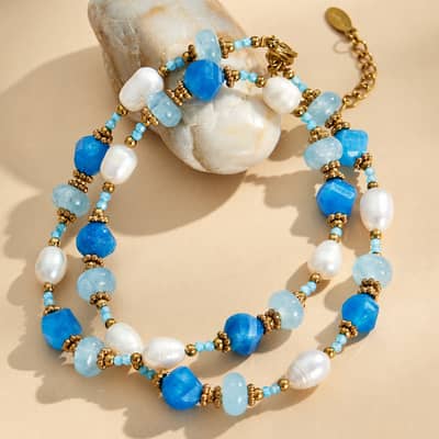 Natural Freshwater Pearl Faceted Aquamarine Beaded Necklace, Waterproof Stainless Steel detail 2