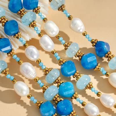 Natural Freshwater Pearl Faceted Aquamarine Beaded Necklace, Waterproof Stainless Steel detail 3
