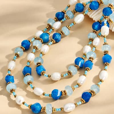 Natural Freshwater Pearl Faceted Aquamarine Beaded Necklace, Waterproof Stainless Steel detail 4
