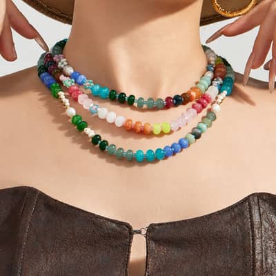 Colored Natural Stone Freshwater Pearl Beaded Necklace, Waterproof Stainless Steel detail 5