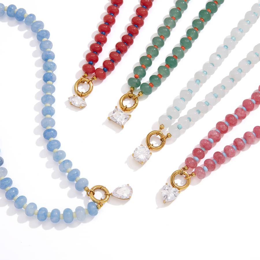 Abacus Beads Natural Stone Beaded Necklace, Waterproof Stainless Steel Spring Clasp Square Pear-Shaped Zircon Pendant - main