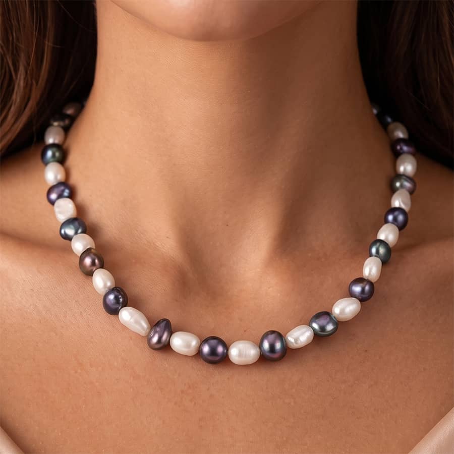 925 Sterling Silver Mixed Color 8-9mm Natural Baroque Freshwater Pearl Beaded Necklace - main
