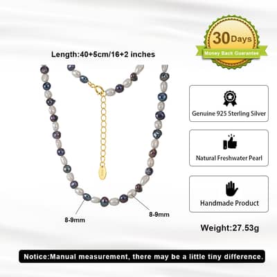 925 Sterling Silver Mixed Color 8-9mm Natural Baroque Freshwater Pearl Beaded Necklace detail 5