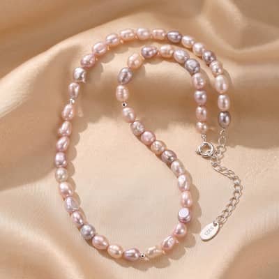 Vintage Pink Baroque Natural Freshwater Pearl Beaded Necklace, 925 Sterling Silver, 7-8mm detail 1