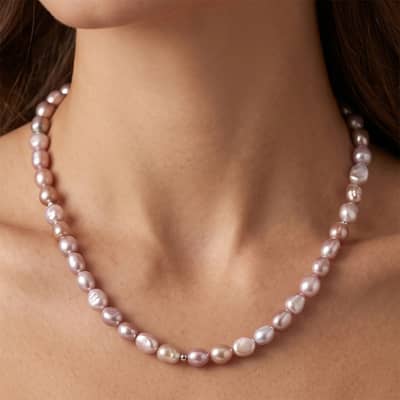 Vintage Pink Baroque Natural Freshwater Pearl Beaded Necklace, 925 Sterling Silver, 7-8mm detail 2