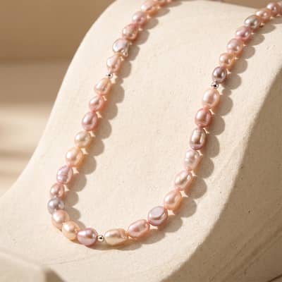 Vintage Pink Baroque Natural Freshwater Pearl Beaded Necklace, 925 Sterling Silver, 7-8mm detail 4