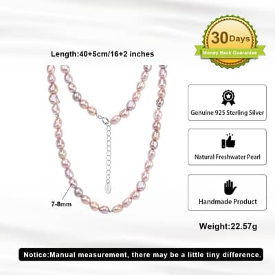 Vintage Pink Baroque Natural Freshwater Pearl Beaded Necklace, 925 Sterling Silver, 7-8mm detail 5