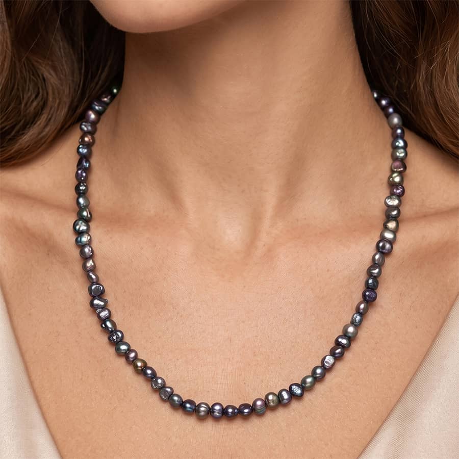 925 Sterling Silver Dark Irregular Natural Freshwater Pearl 4-5mm Beaded Choker - main