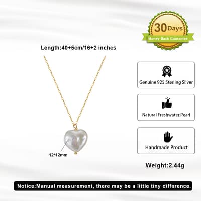 925 Sterling Silver Heart Natural Baroque Freshwater Pearl Pendant Adjustable Dainty Necklace detail 6