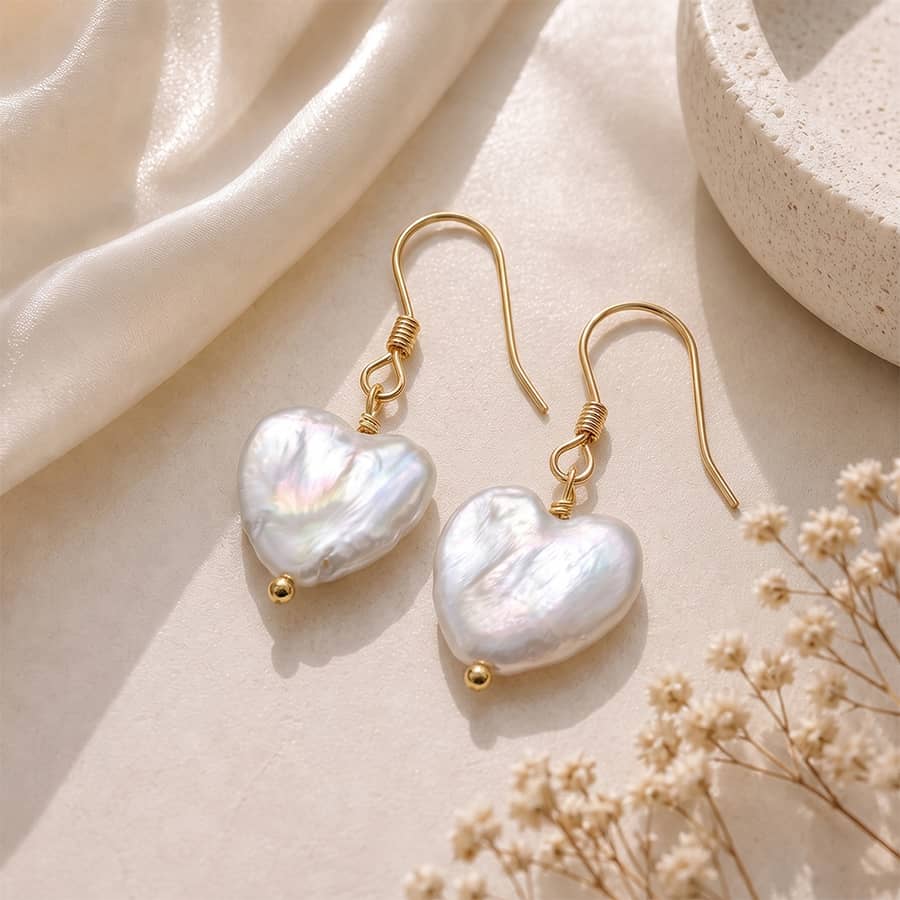 925 Sterling Silver Heart Shaped Natural Freshwater Pearl Drop Dangle Earrings - main