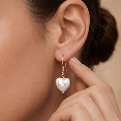 925 Sterling Silver Heart Shaped Natural Freshwater Pearl Drop Dangle Earrings detail 2