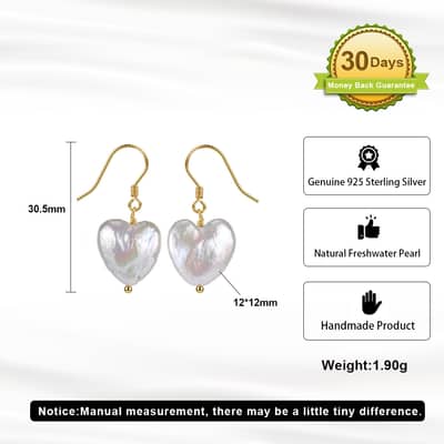 925 Sterling Silver Heart Shaped Natural Freshwater Pearl Drop Dangle Earrings detail 5