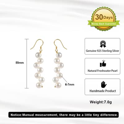 925 Sterling Silver Long Dangle Natural Freshwater Pearl Drop Hook Earrings 6-7mm detail 5