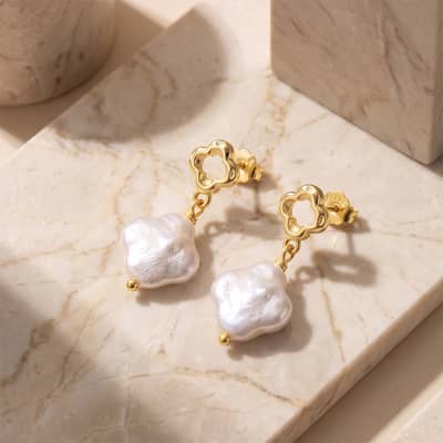 925 Sterling Silver Four Leaf Clover Irregular Natural Freshwater Pearl Drop Earrings detail 2