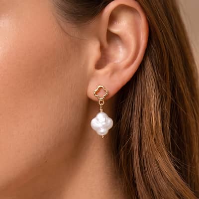 925 Sterling Silver Four Leaf Clover Irregular Natural Freshwater Pearl Drop Earrings detail 3