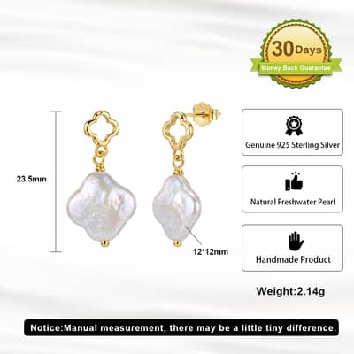925 Sterling Silver Four Leaf Clover Irregular Natural Freshwater Pearl Drop Earrings detail 5
