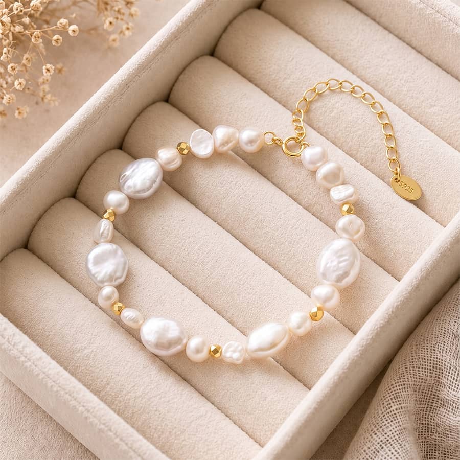 925 Sterling Silver Natural Freshwater Baroque Pearl Beaded Bracelet, 14K Gold Plated - main