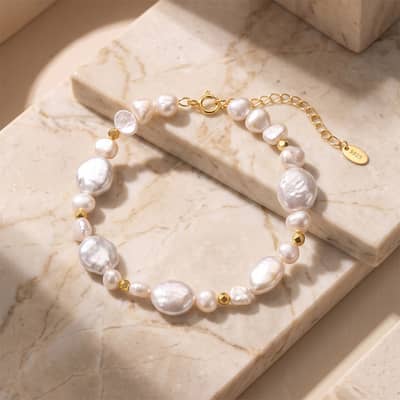 925 Sterling Silver Natural Freshwater Baroque Pearl Beaded Bracelet, 14K Gold Plated detail 2