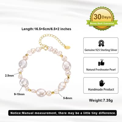 925 Sterling Silver Natural Freshwater Baroque Pearl Beaded Bracelet, 14K Gold Plated detail 5