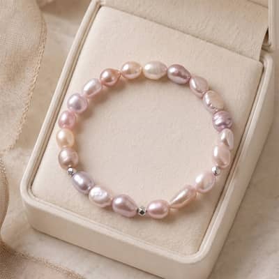 925 Sterling Silver Baroque Freshwater Pearl Bracelet, Irregular Pink Pearl Elastic Stretch detail 1