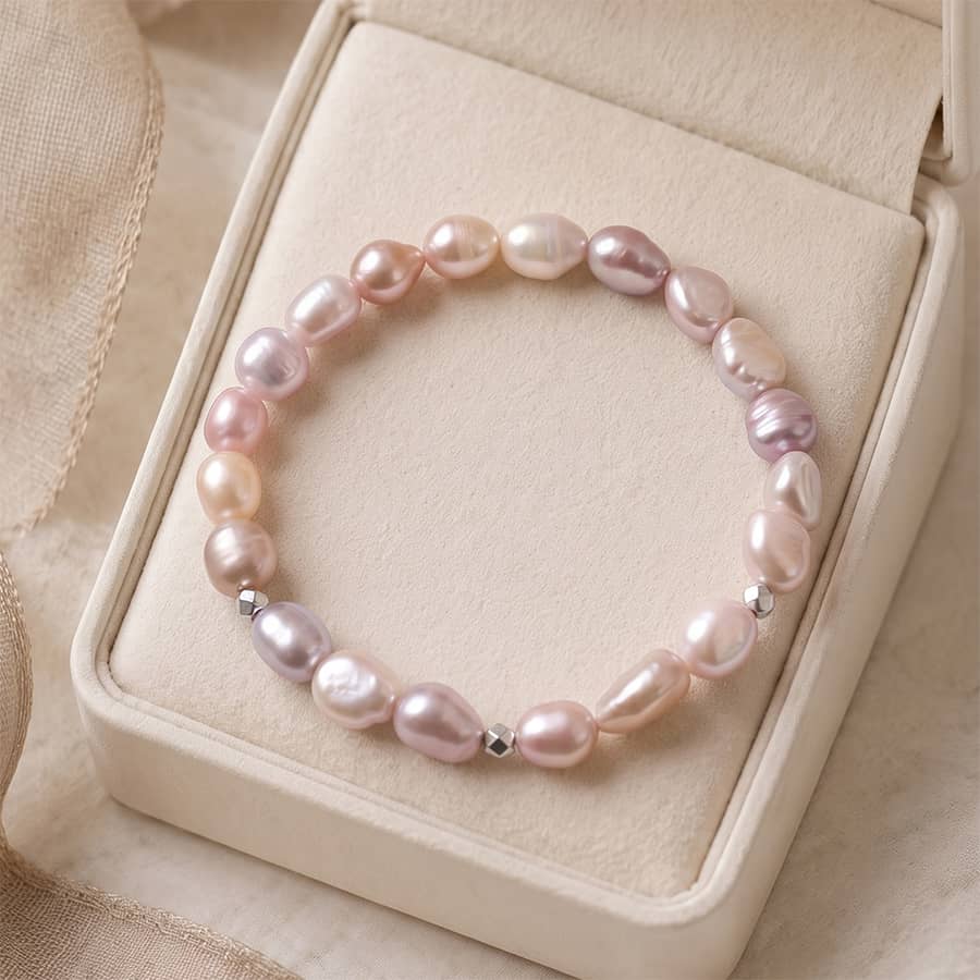 925 Sterling Silver Baroque Freshwater Pearl Bracelet, Irregular Pink Pearl Elastic Stretch - main