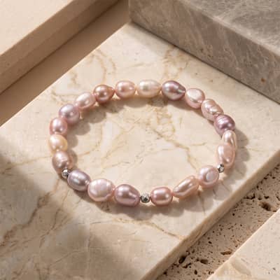 925 Sterling Silver Baroque Freshwater Pearl Bracelet, Irregular Pink Pearl Elastic Stretch detail 2