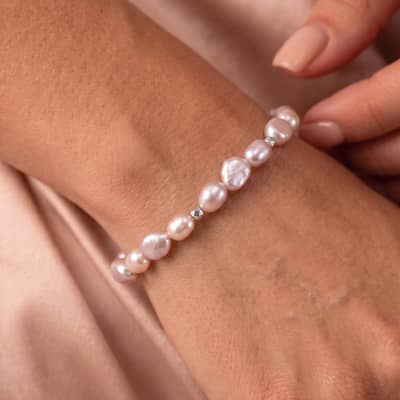 925 Sterling Silver Baroque Freshwater Pearl Bracelet, Irregular Pink Pearl Elastic Stretch detail 3