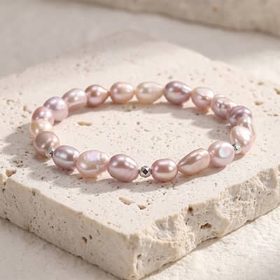 925 Sterling Silver Baroque Freshwater Pearl Bracelet, Irregular Pink Pearl Elastic Stretch detail 4
